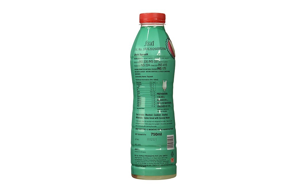 Guruji Litchi Squash    Plastic Bottle  750 millilitre